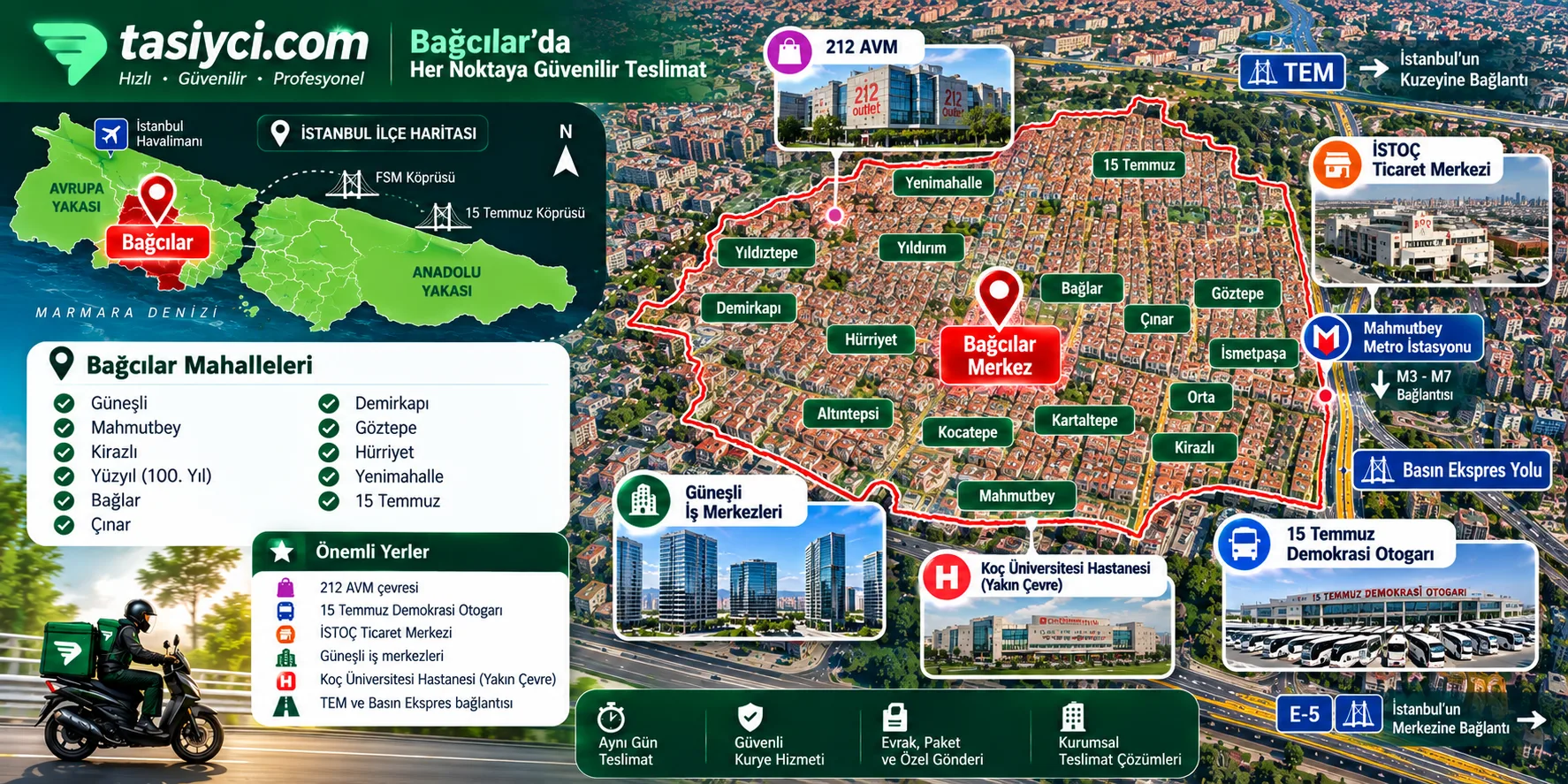 Bağcılar Güneşli Mahmutbey İSTOÇ 212 Outlet ve Basın Ekspres hattında tasiyci.com moto kurye ve kurumsal teslimat