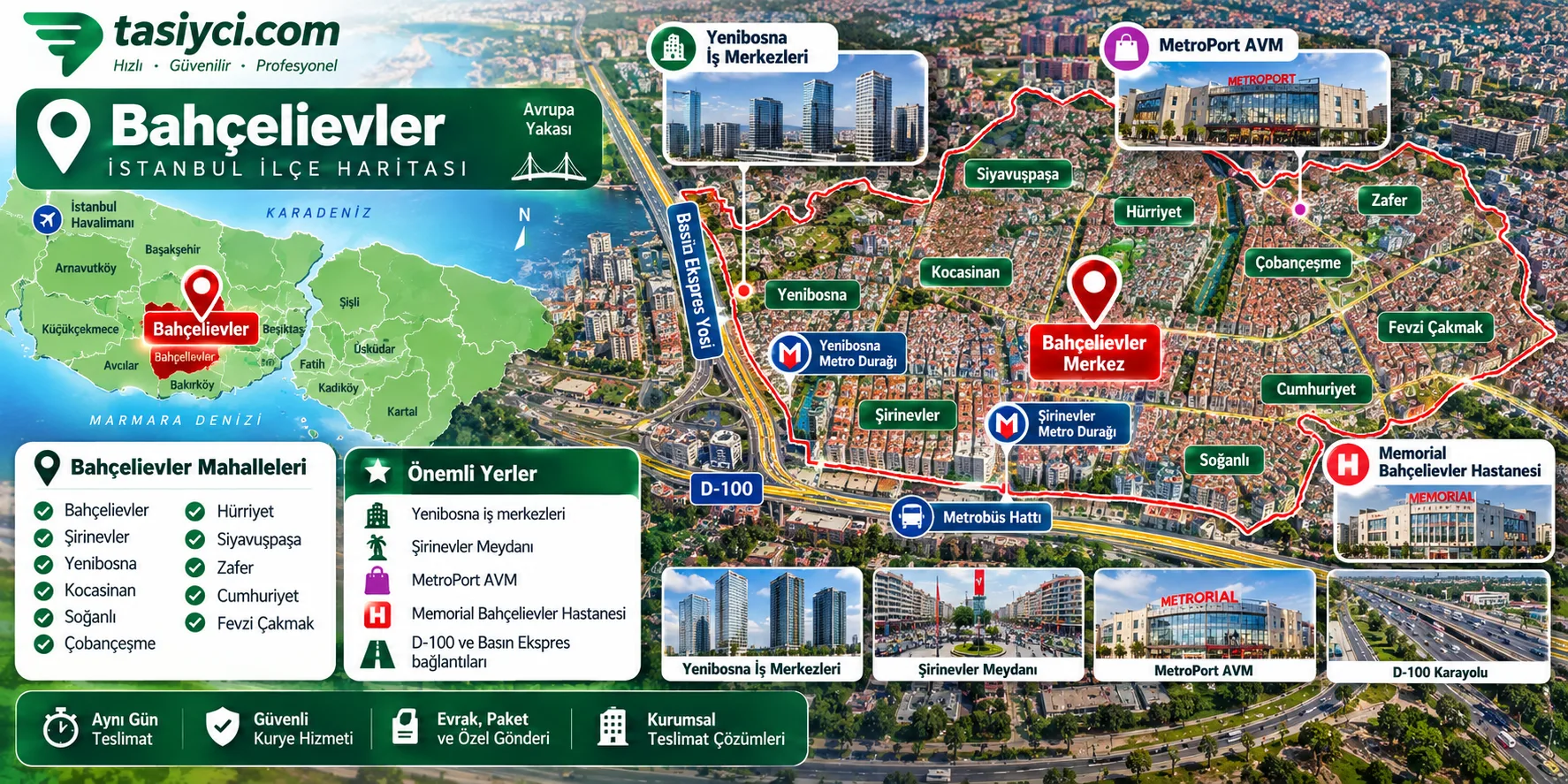Bahçelievler Yenibosna Şirinevler Kocasinan MetroPort ve D-100 hattında tasiyci.com moto kurye ve kurumsal teslimat