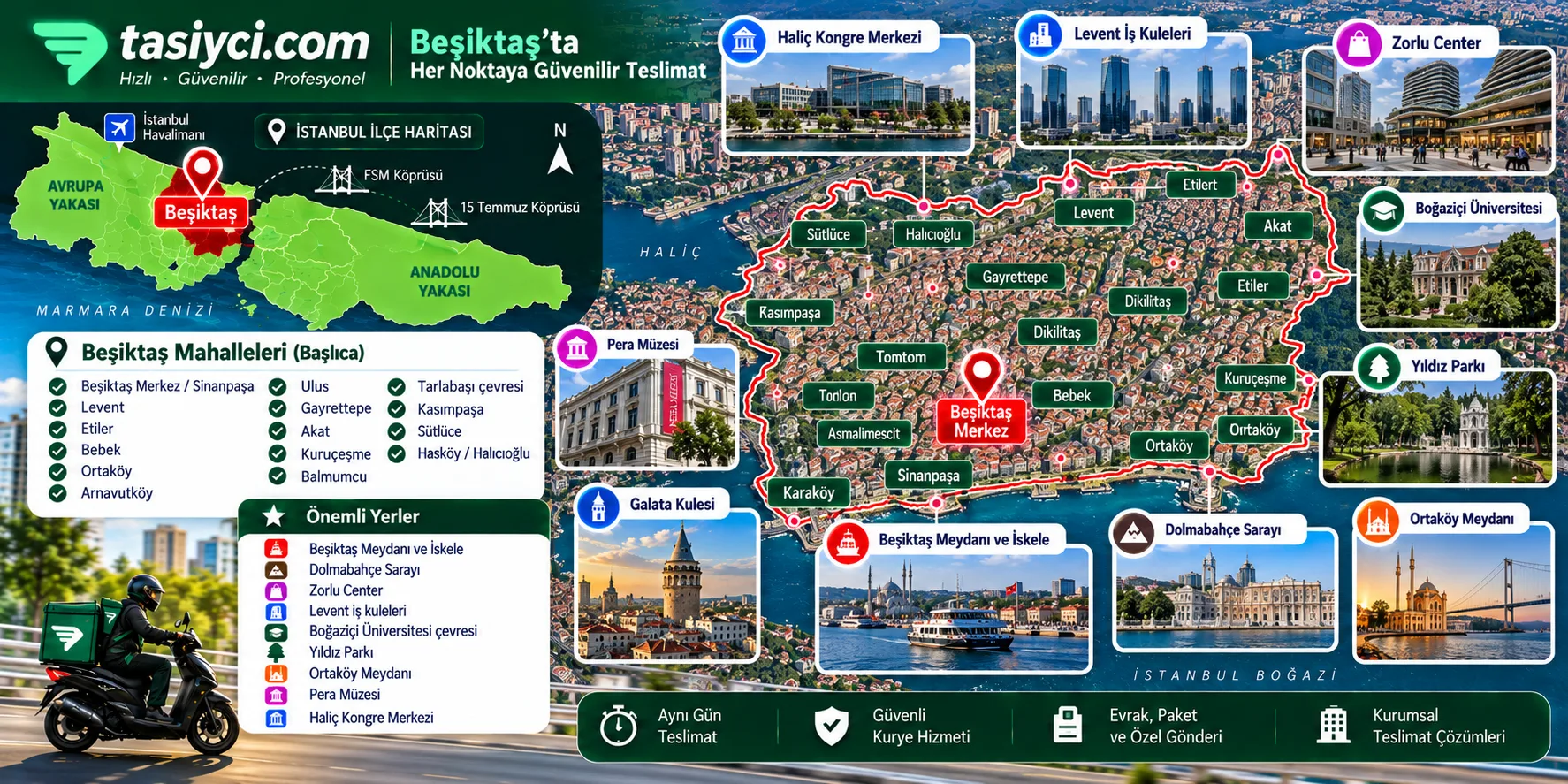 Beşiktaş Levent Etiler Bebek Ortaköy Zorlu Center ve Boğaziçi Üniversitesi çevresinde tasiyci.com moto kurye teslimatı