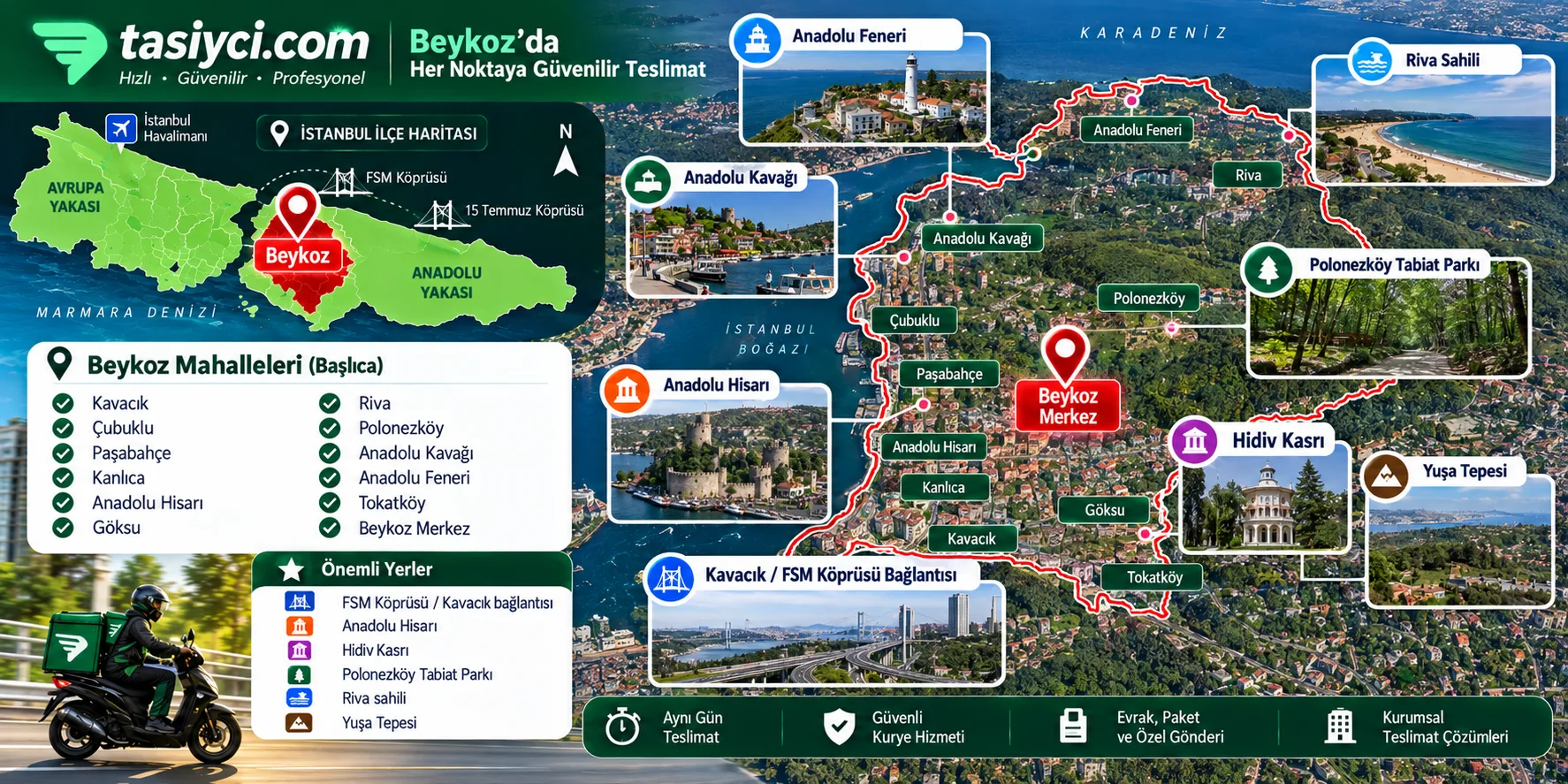 Beykoz Kavacık Riva Polonezköy Anadolu Hisarı ve FSM Köprüsü çevresinde tasiyci.com moto kurye ve özel teslimat