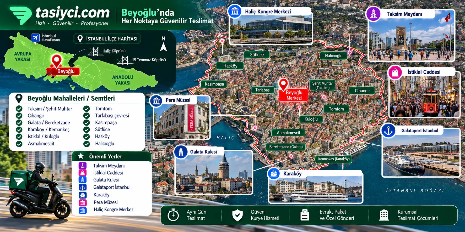 Beyoğlu Taksim İstiklal Galata Karaköy Galataport ve Haliç Kongre Merkezi çevresinde tasiyci.com moto kurye teslimatı