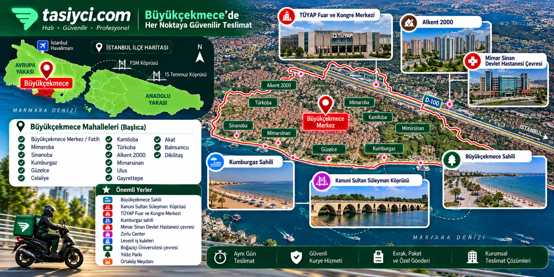 Büyükçekmece TÜYAP Mimaroba Kumburgaz Güzelce ve Mimar Sinan çevresinde tasiyci.com moto kurye ve kurumsal teslimat