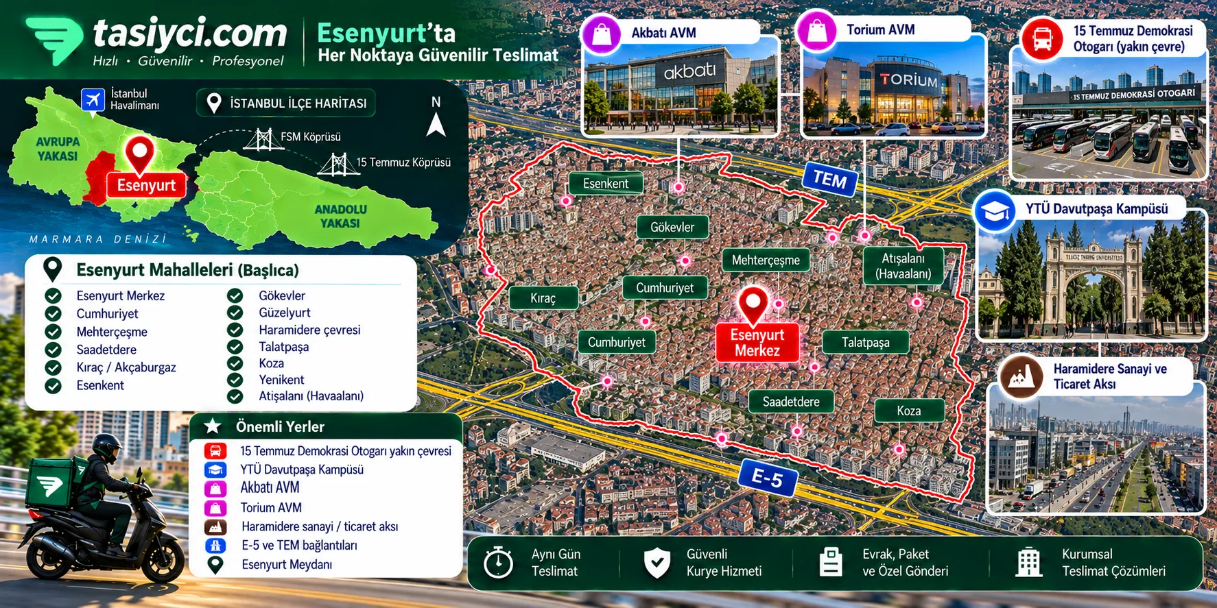 Esenyurt Meydanı, Akbatı AVM, Torium AVM, Kıraç ve Haramidere çevresinde tasiyci.com moto kurye ve kurumsal teslimat