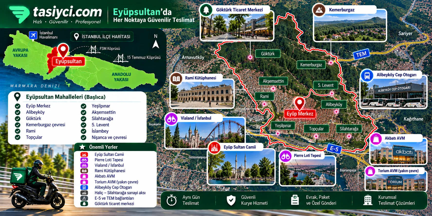 Eyüpsultan Eyüp Sultan Camii, Pierre Loti, Alibeyköy, Vialand, Rami Kütüphanesi, 5. Levent ve Göktürk çevresinde tasiyci.com kurye teslimatı