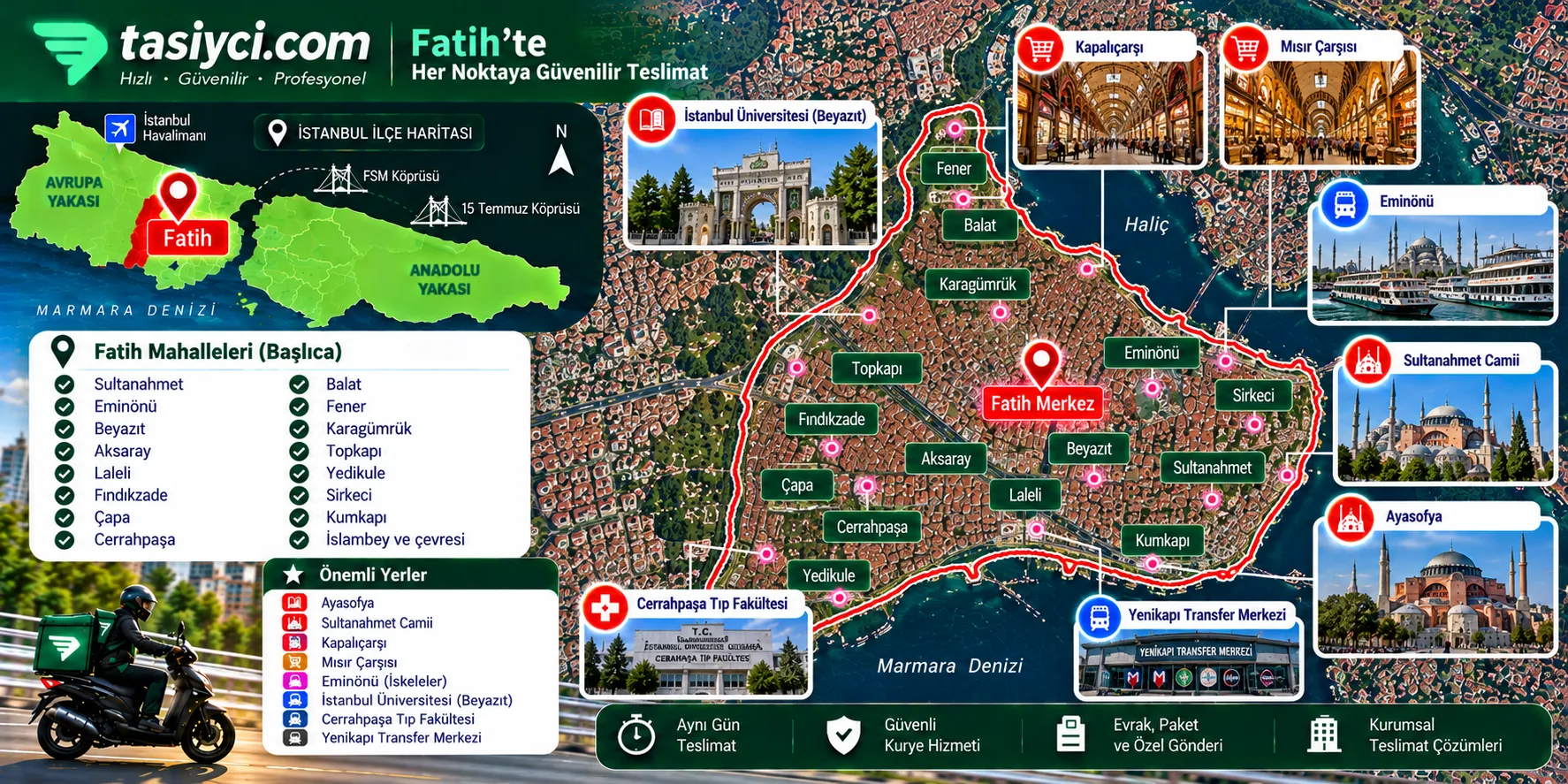 Fatih Ayasofya Sultanahmet Camii Kapalıçarşı Eminönü Beyazıt ve Yenikapı çevresinde tasiyci.com moto kurye ve kurumsal teslimat