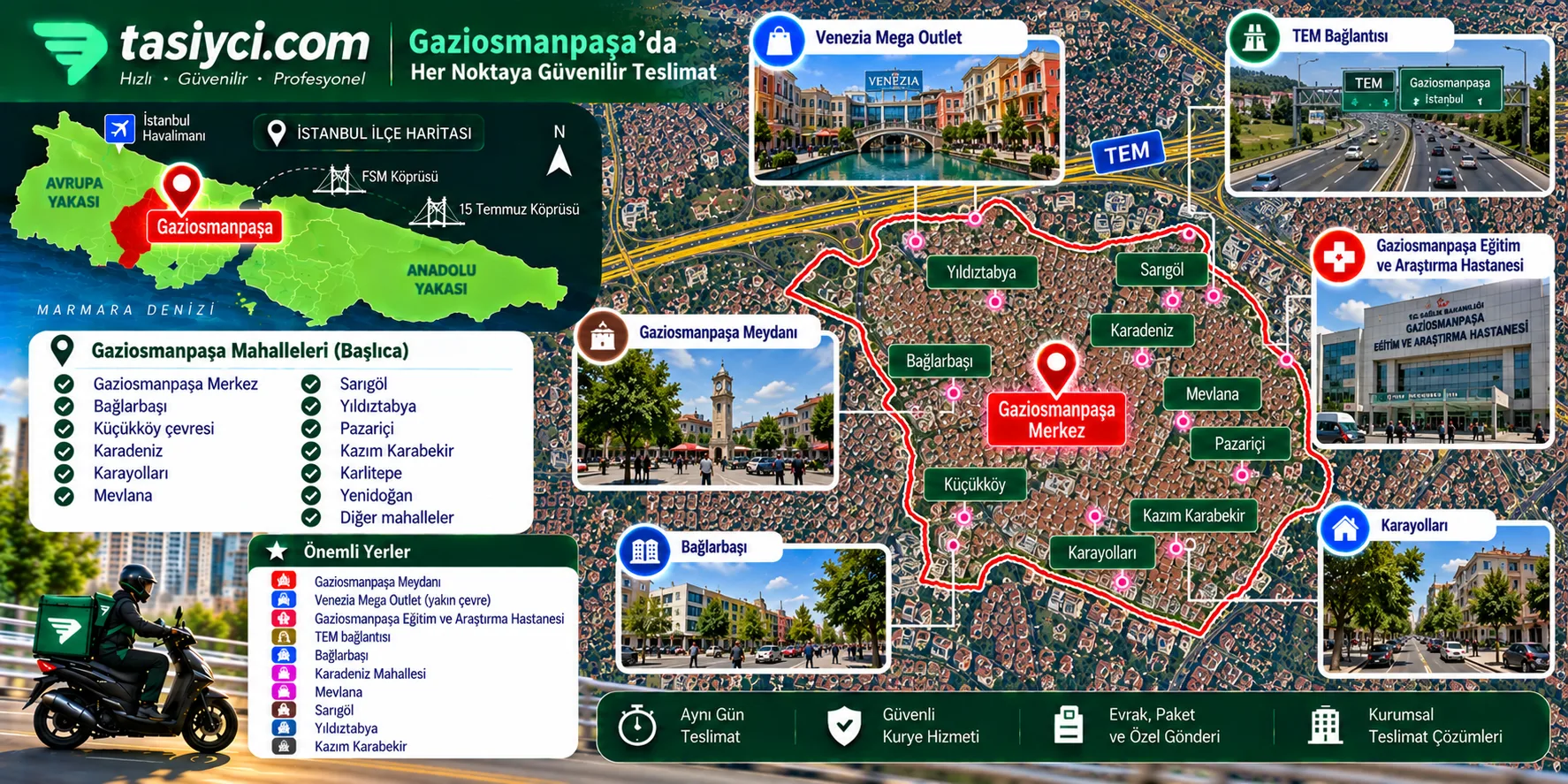 Gaziosmanpaşa Meydanı, Venezia Mega Outlet, Karayolları Mahallesi ve TEM bağlantısı çevresinde tasiyci.com moto kurye teslimatı