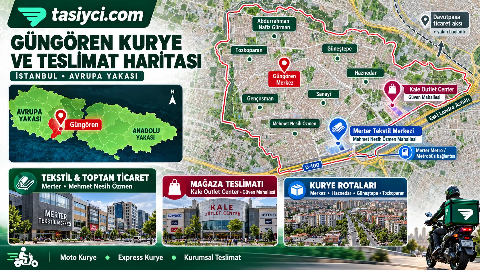 Güngören Merter tekstil merkezi, Kale Outlet Center ve çevre mahallelerde tasiyci.com moto kurye ve ticari teslimat hizmeti