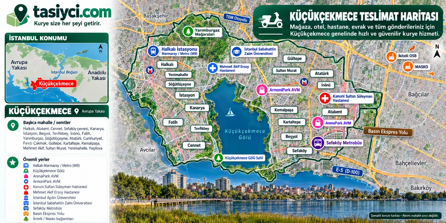 Küçükçekmece Gölü, Halkalı, Sefaköy, ArenaPark AVM, ArmoniPark, hastaneler ve Marmaray çevresinde tasiyci.com moto kurye teslimatı