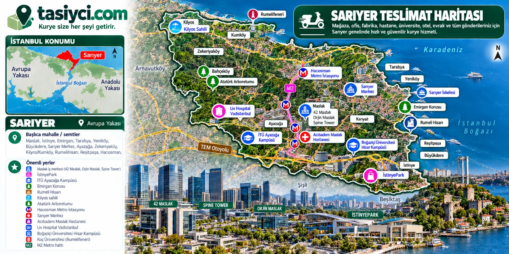 Sarıyer Maslak gökdelenleri, İstinyePark, İTÜ Ayazağa, Tarabya, Emirgan Korusu, Rumeli Hisarı ve Hacıosman metro çevresinde tasiyci.com kurye teslimatı