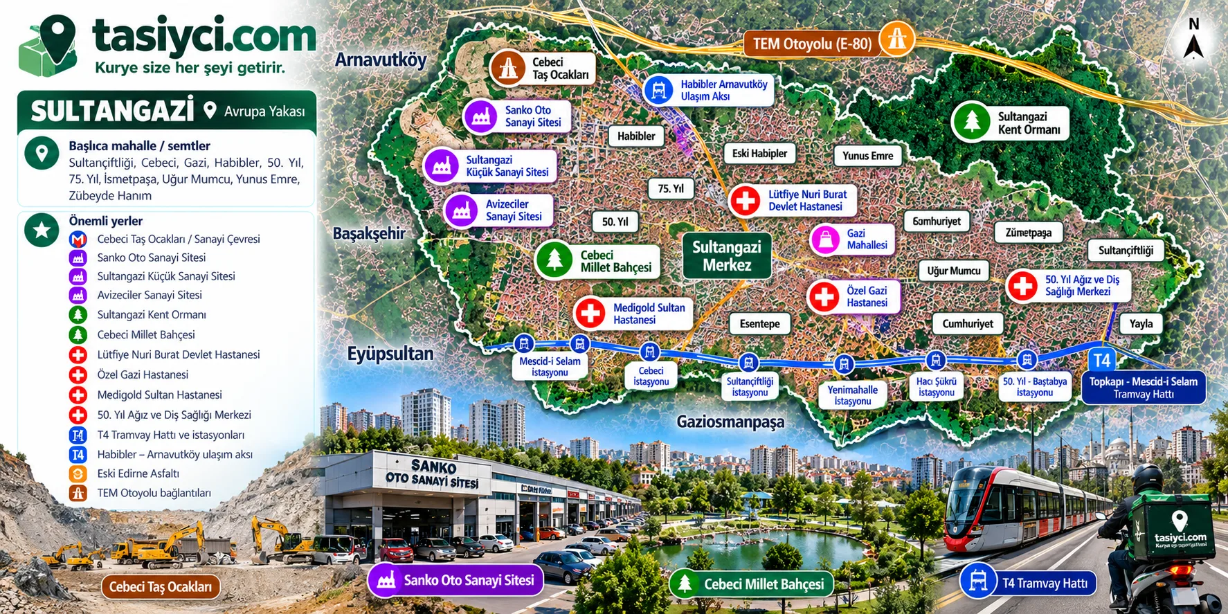 Sultangazi Cebeci, Gazi Mahallesi, Sanko Oto Sanayi Sitesi, Cebeci Millet Bahçesi, hastaneler ve T4 tramvay hattı çevresinde tasiyci.com kurye teslimatı