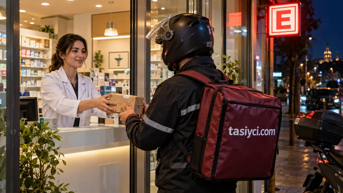 İstanbul'da gece nöbetçi eczaneden paket teslim alan moto kurye