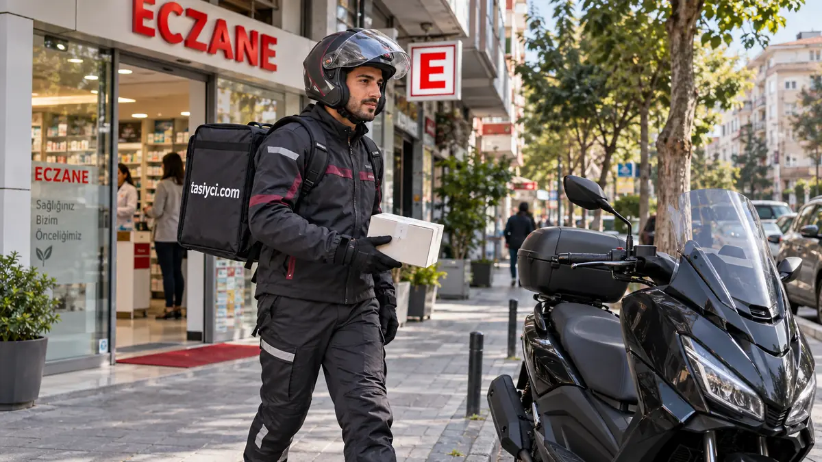 İstanbul'da eczaneden teslim aldığı paketi adrese götüren tasiyci.com moto kurye