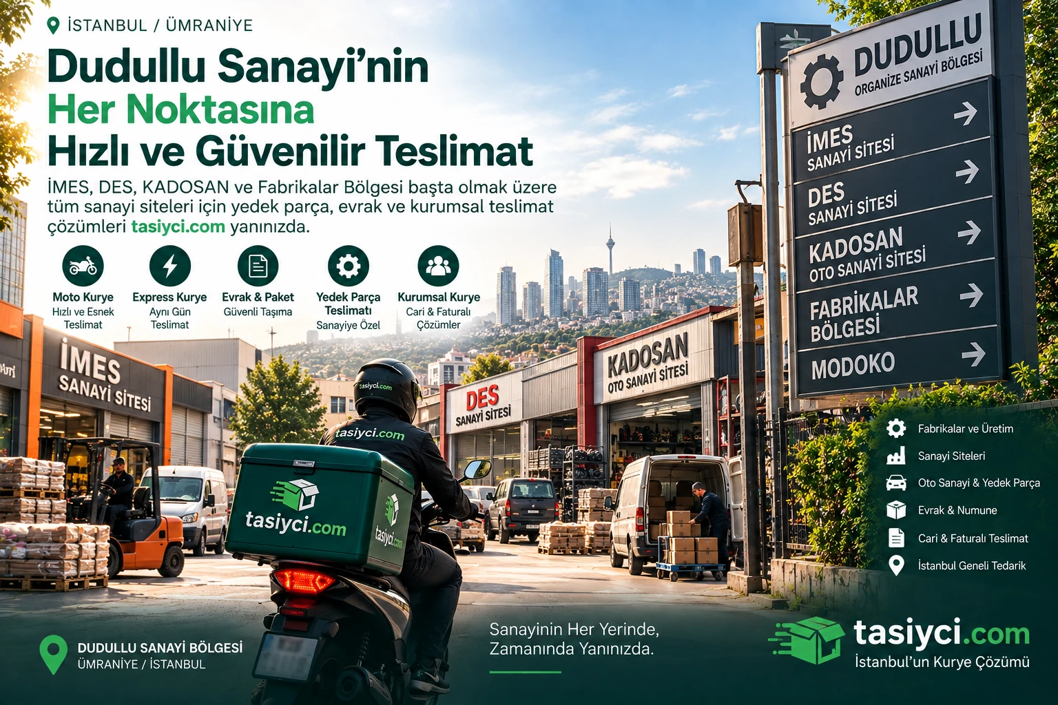 Dudullu OSB İMES DES KADOSAN sanayi siteleri moto kurye ve yedek parça teslimatı tasiyci.com
