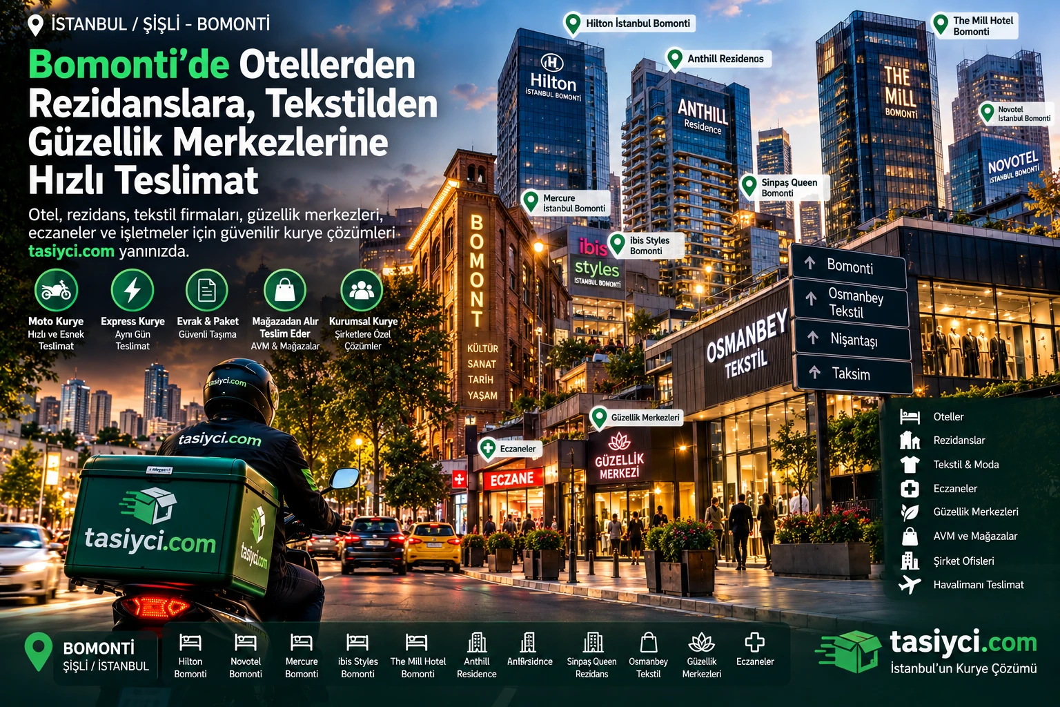 Bomonti otelleri rezidanslar tekstil güzellik merkezleri ve eczaneler için tasiyci.com kurye teslimatı