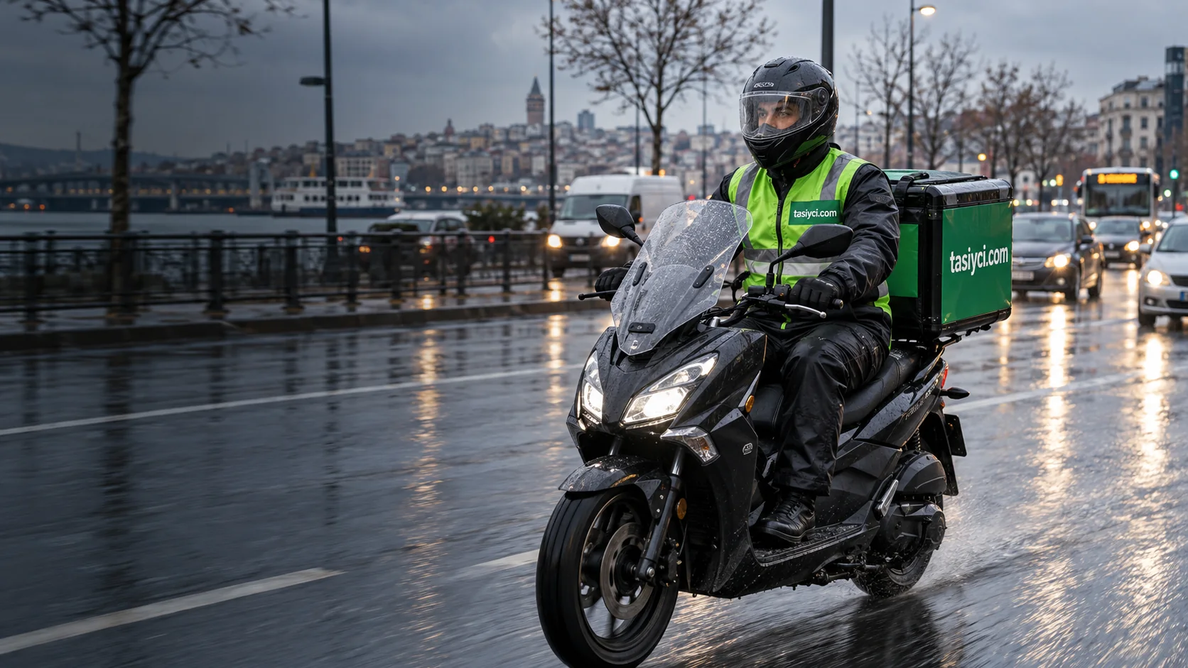 İstanbul'da yağmurlu kış gününde koruyucu ekipman kullanan moto kurye