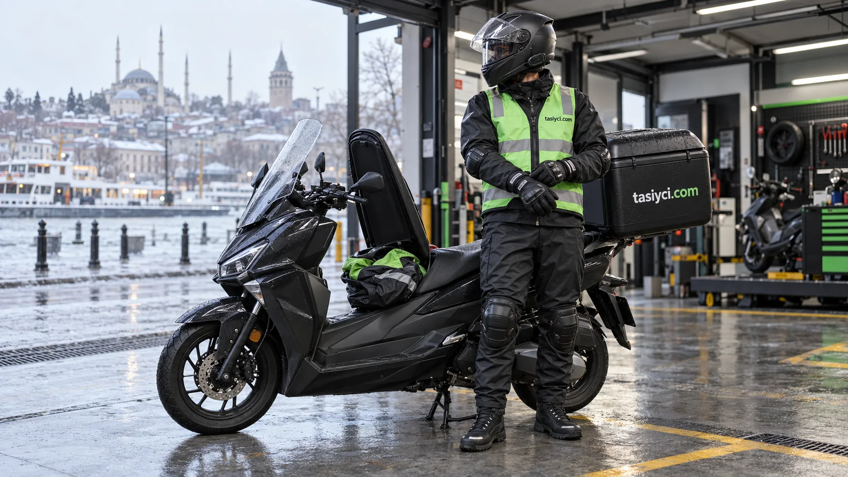Full-face kask, reflektif yelek, eldiven ve yağmurluk kullanan motokurye