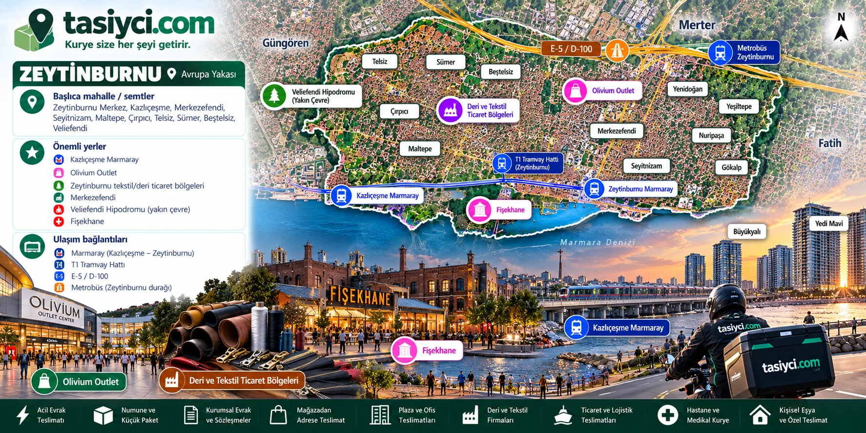Zeytinburnu Kazlıçeşme Marmaray, Olivium Outlet, deri ve tekstil ticaret bölgeleri, Merkezefendi ve Fişekhane çevresinde tasiyci.com kurye teslimatı