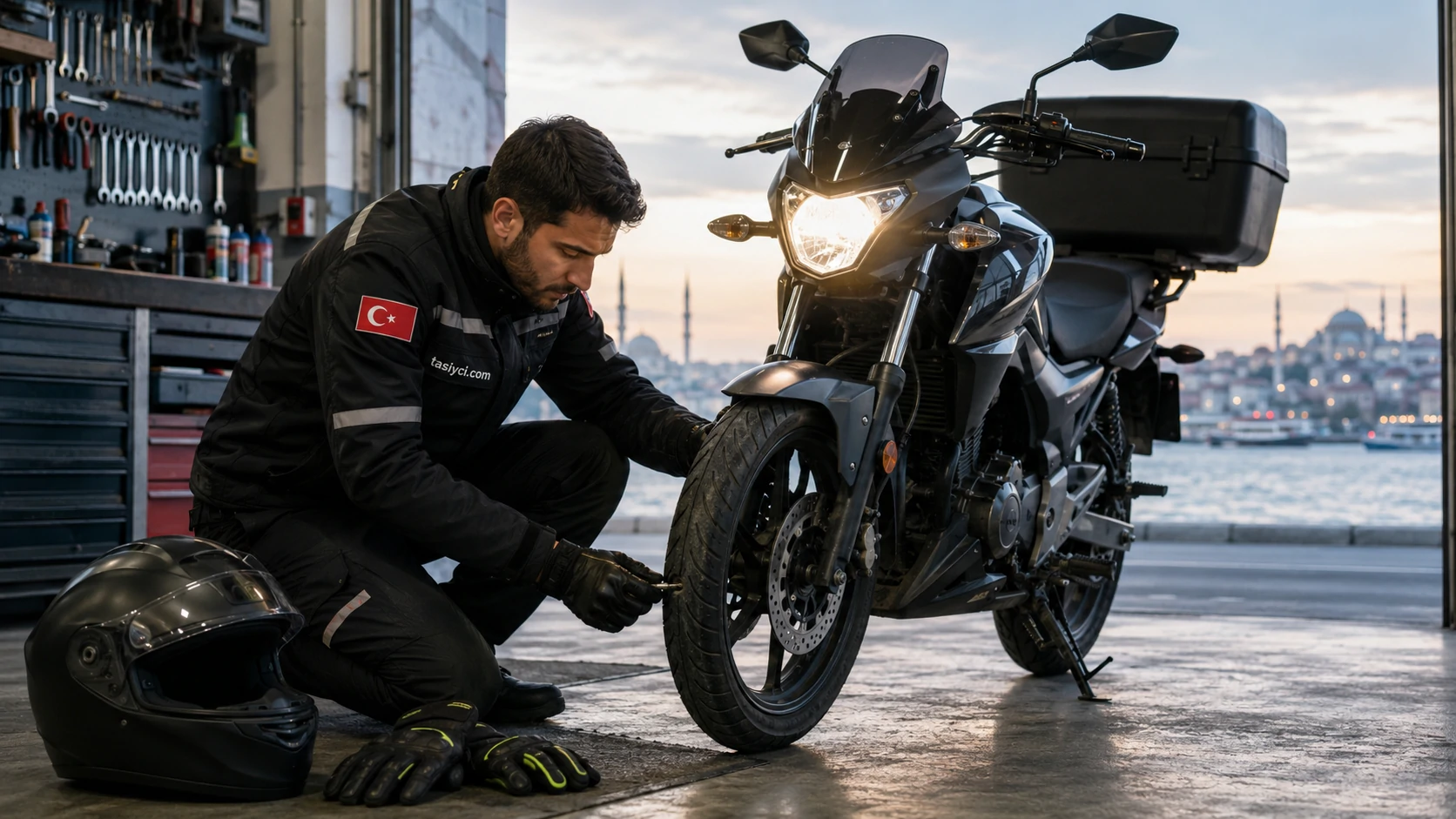 Moto kurye sürüş öncesinde motosiklet lastiğini, frenlerini ve aydınlatmasını kontrol ediyor